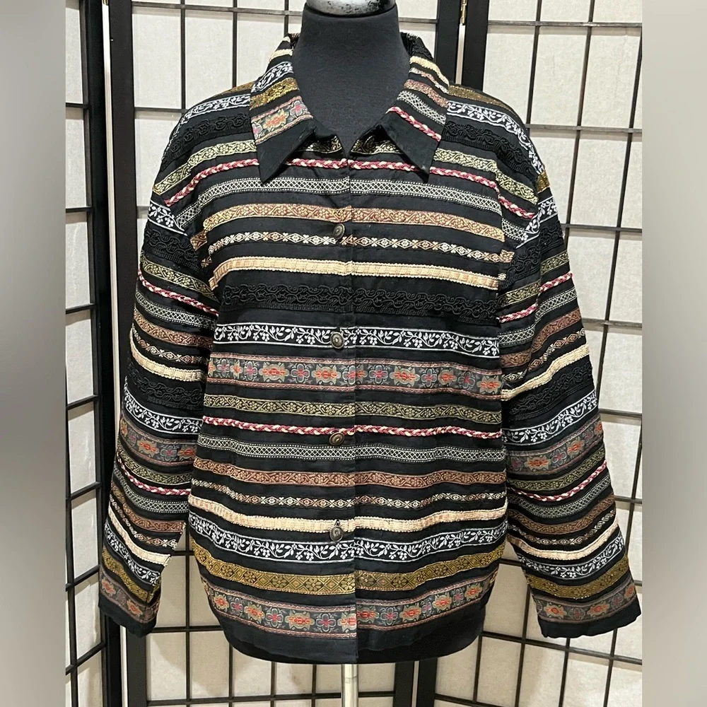 Tantrums Collection Black LACE STRIPE TRIM EMBELLISHED BOHO WOMENS JACKET SIZE L