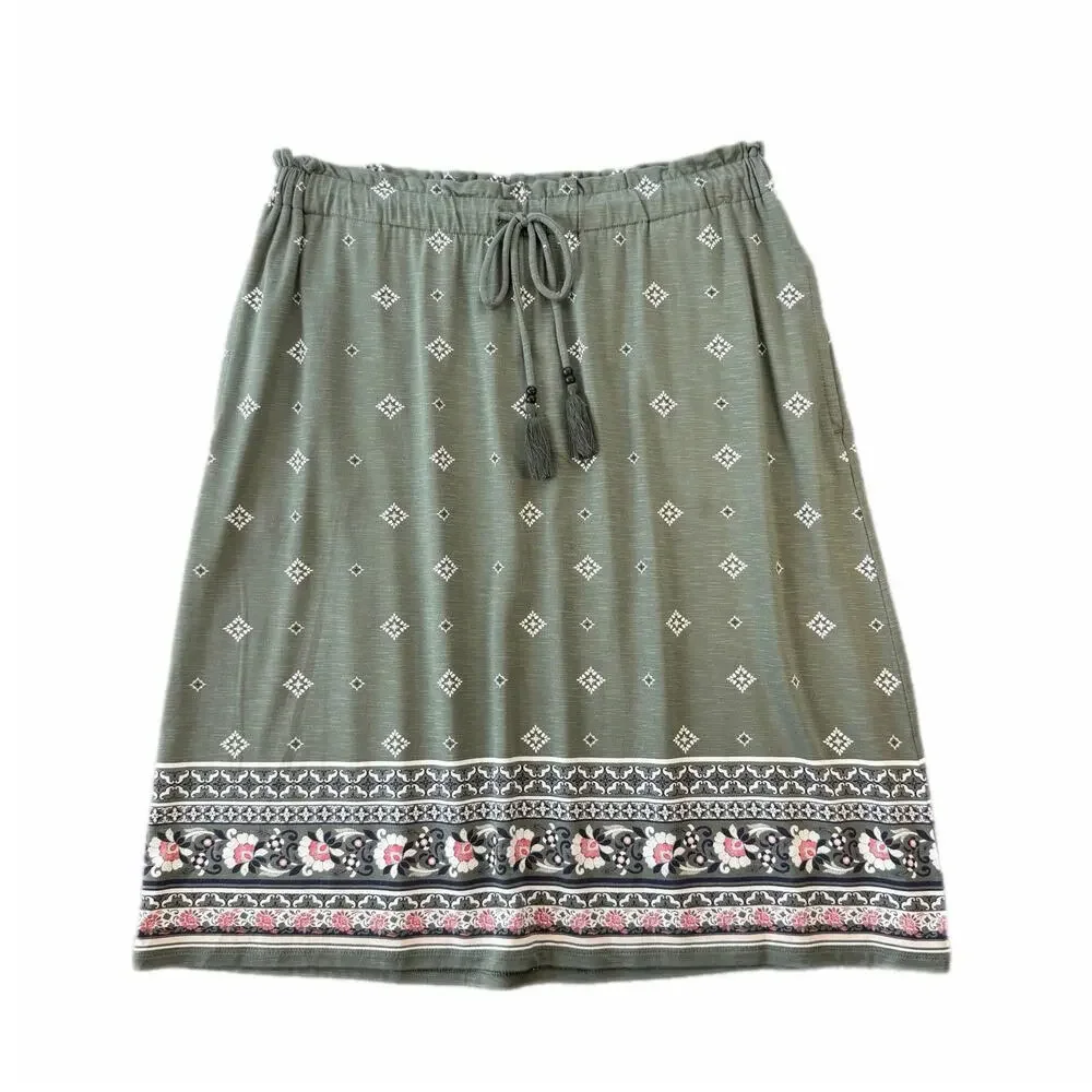 J. Jill NEW Caraway Olive Green Tie Tassel Pull On Soft Floral Cottagecore Skirt