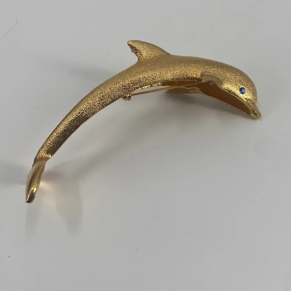 Vintage huge gold tone dolphin brooch