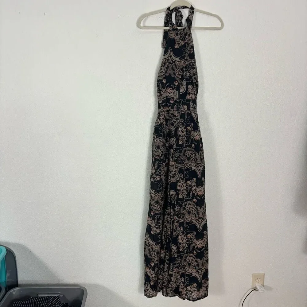 Free People Kissing Sunlight Halter Pants Jumpsuit Black w/ Brown Floral Medium