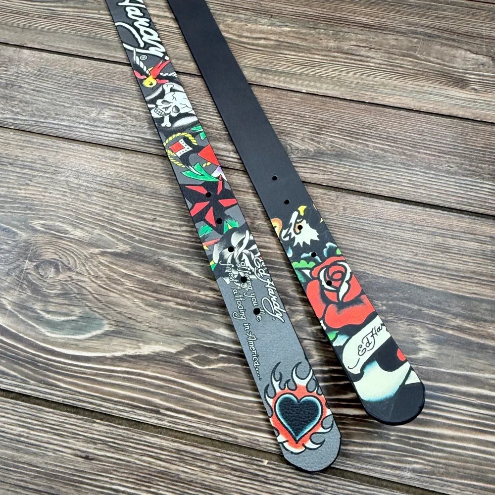 Ed Hardy Mens Size 34 Reversible Belt Black Grey Tattoo Graphic Skull New