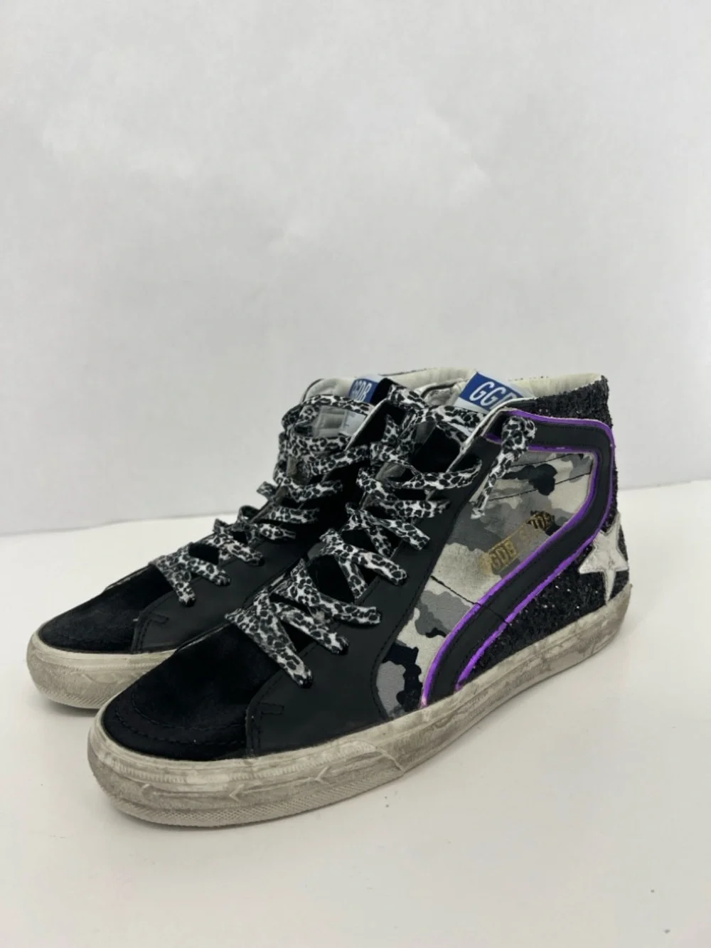 Golden Goose Slide camo glitter High-Top Sneakers in Black, Gray & Purple