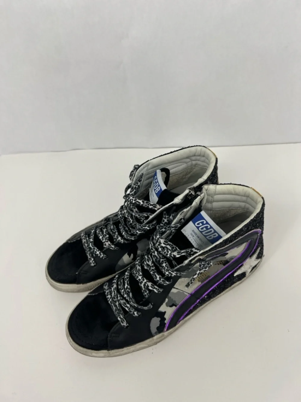 Golden Goose Slide camo glitter High-Top Sneakers in Black, Gray & Purple