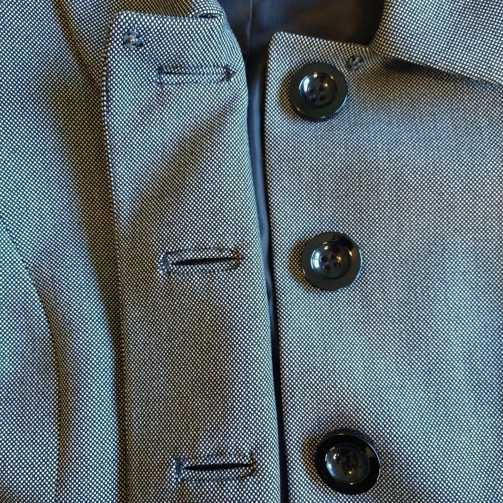 Tahari ASL Gray Mini Polka Dot Blazer Large Black Buttons Preppy Career PETITE