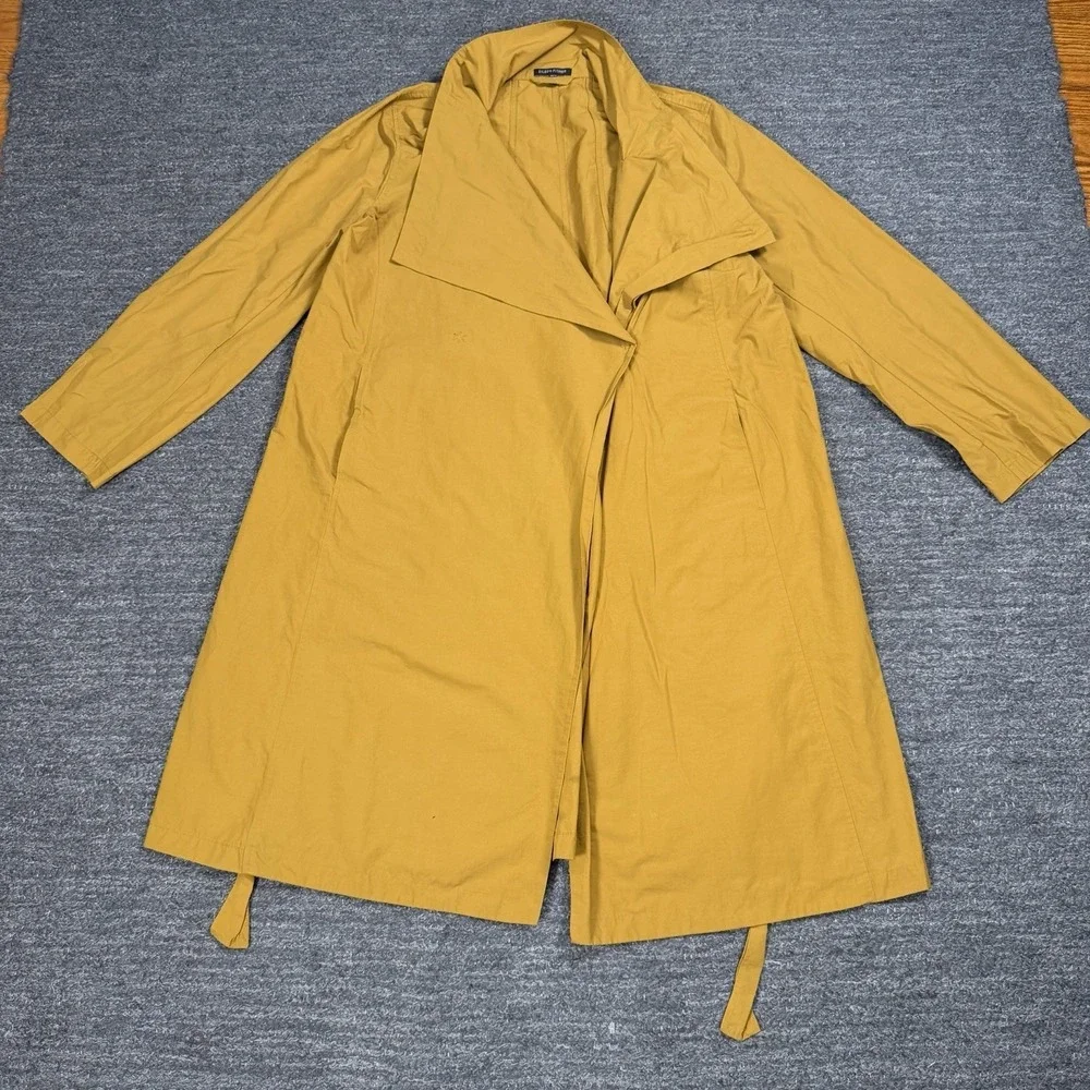 Eileen Fisher Cascade Collar Trench Coat Women Large Gold Tie Waist Nylon Cotton