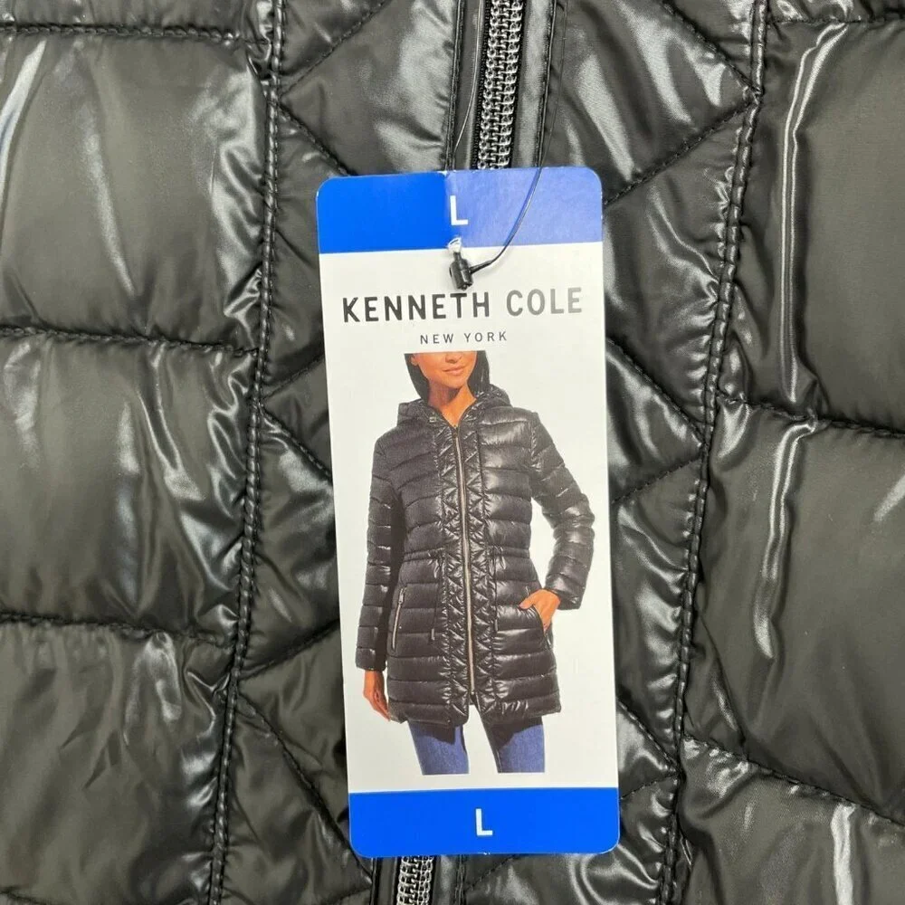 NEW Kenneth Cole Women's Size L Black Hooded Puffer Coat Full Zip