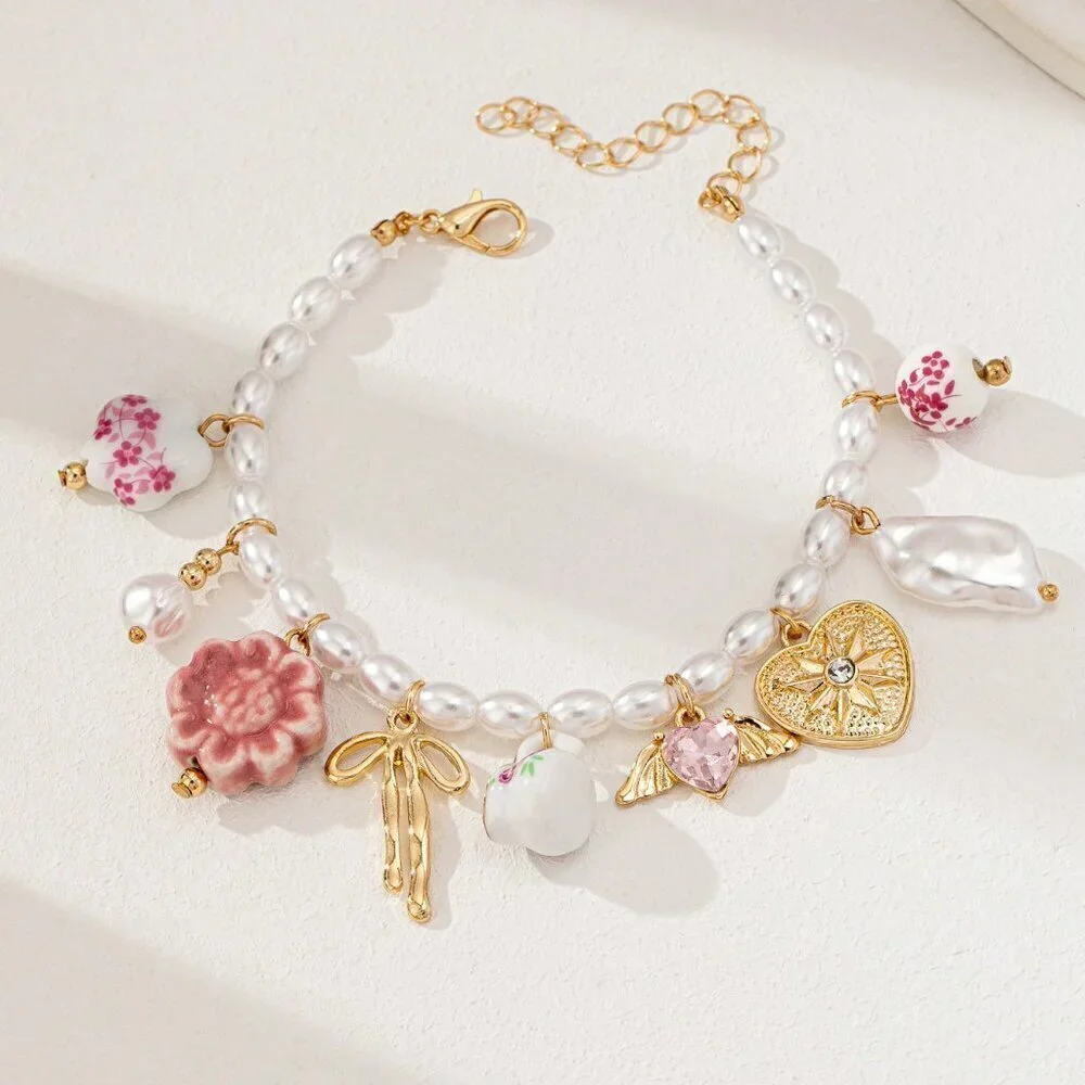 Multicolor Boho Women's Ceramic Bow Heart Multi Charm