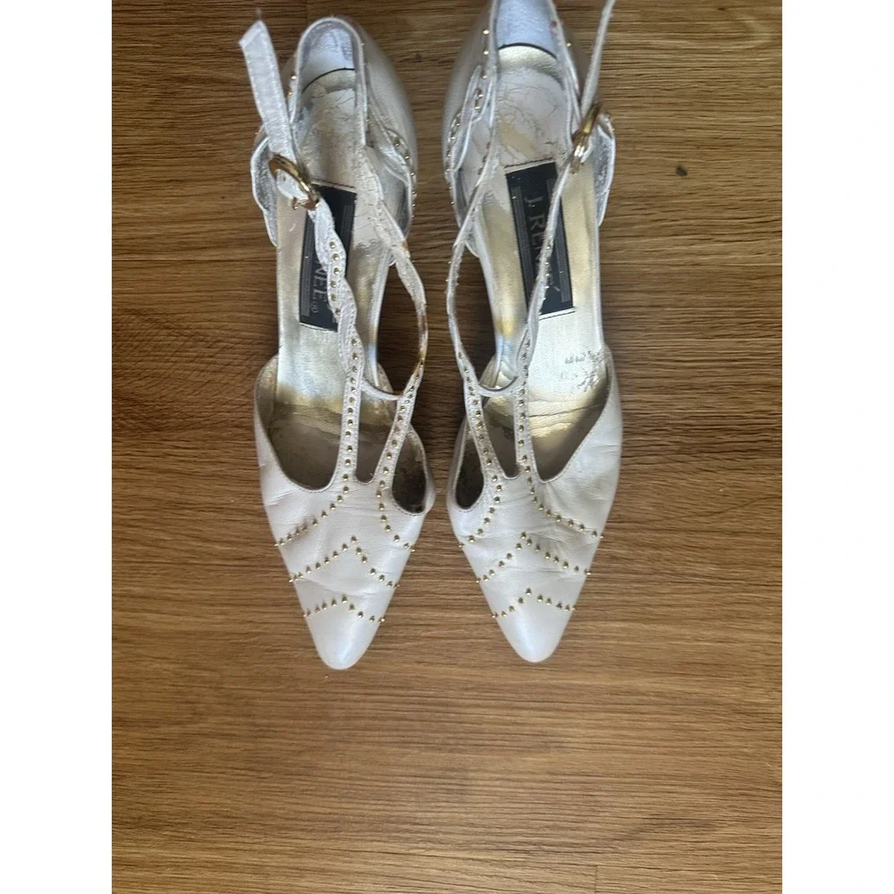 Vintage J. Renee Ivory Leather Pointed Toe Studded Slingback Ankle Strap 8.5