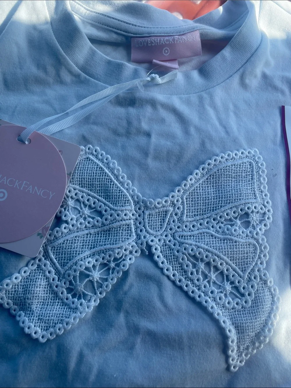 LoveShackFancy x Target Blue/White Tee Lace Bow Applique NWT XXL Girls T shirt
