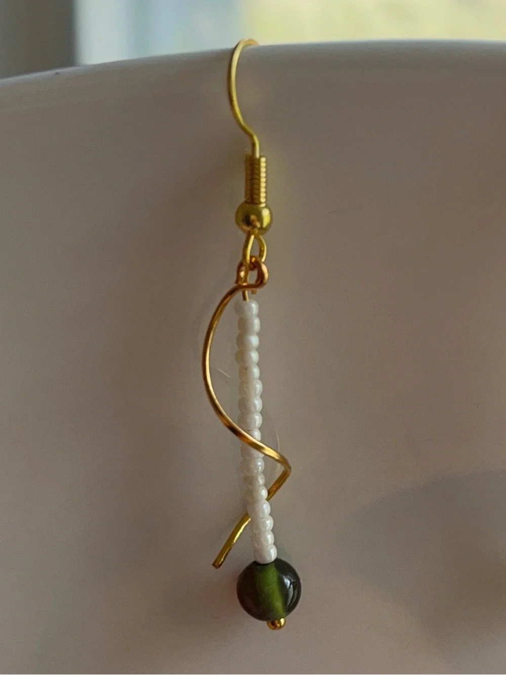 Dainty Drop Gold-toned Wavy Metal Design Adorned | White & Olive Grean Jade Bead