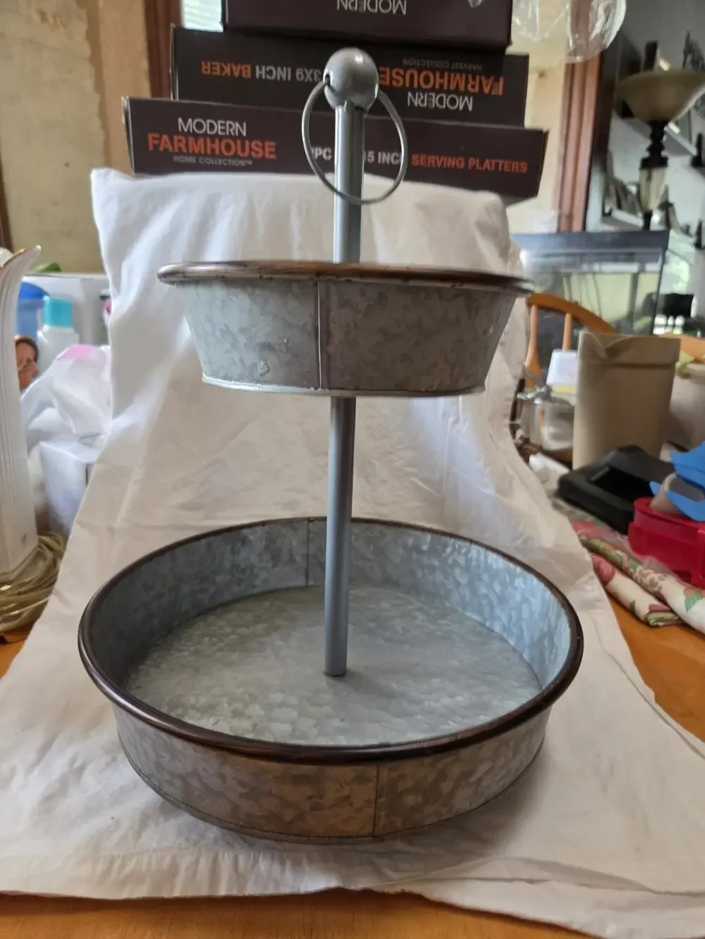 Galvanized 2 Tier Farmhouse Serving Tray With Handle For Carrying