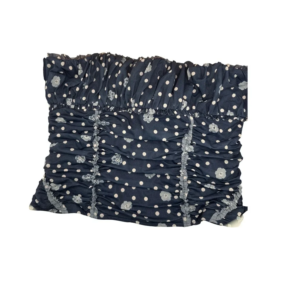 Free People Tube Top Navy Blue White Polka Dot Ruched Ruffle Fitted Large