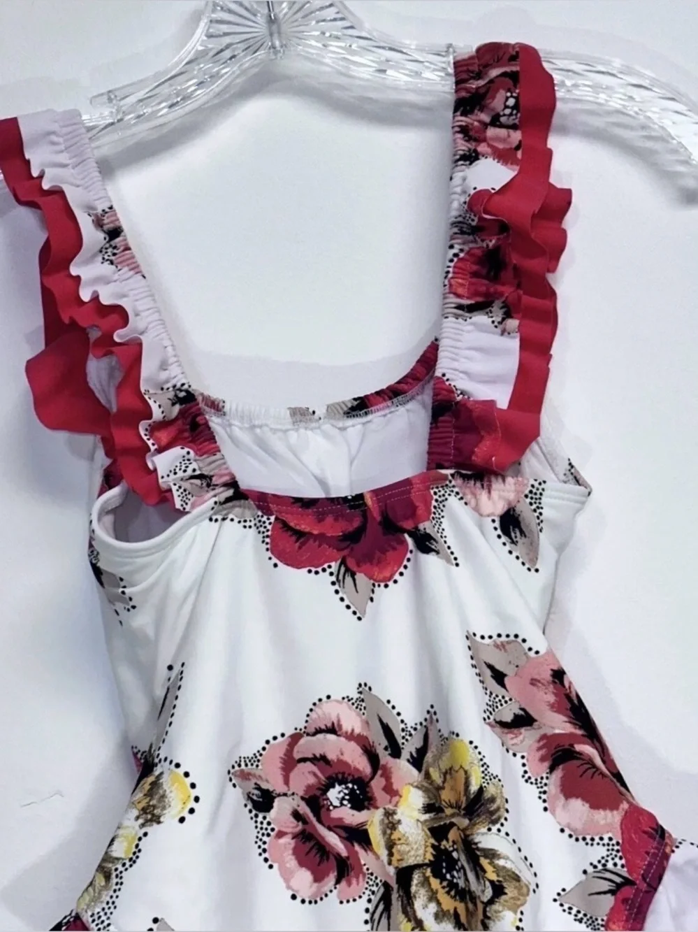 Decree One-Piece Size S White Red Floral Rose Print Swimsuit Ruffle Trim