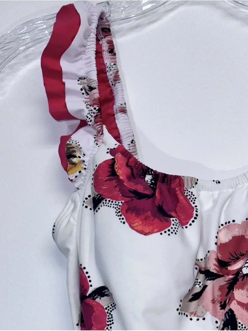 Decree One-Piece Size S White Red Floral Rose Print Swimsuit Ruffle Trim