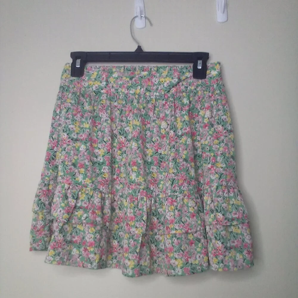 Umgee Skirt S Women Short Ruffle Pull On Elastic Back Waist Colorful Floral