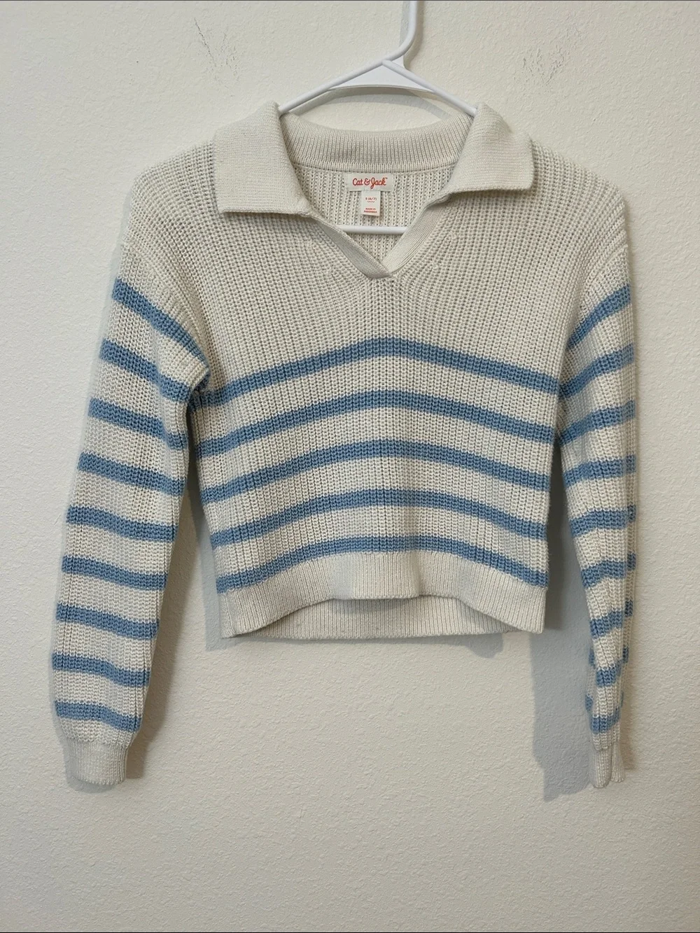 Cat & Jack Cream Sweater with Light Blue Stripes V-Neck Collar