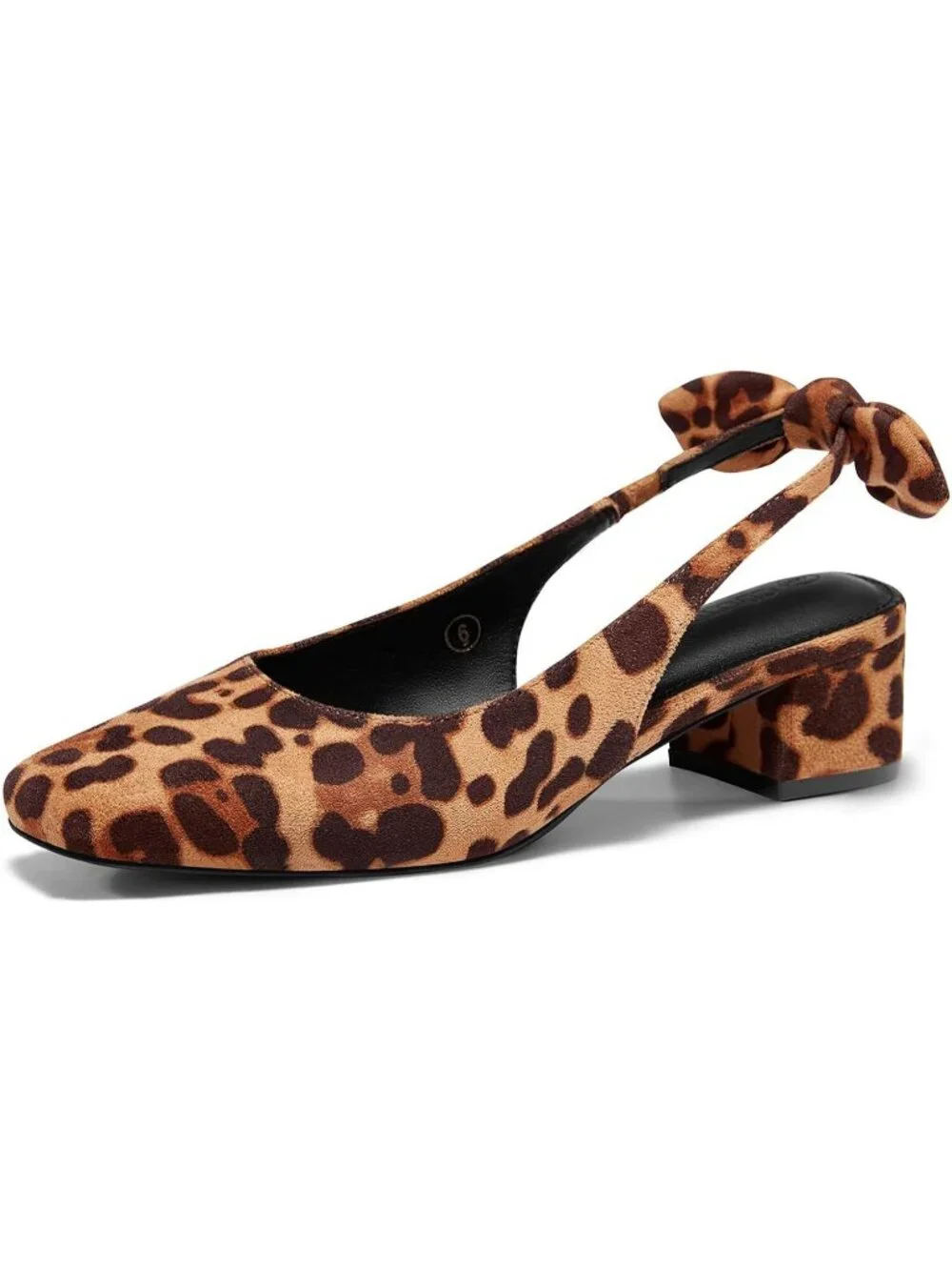 Women's Leopard Faux Suede Chunky Low Heel Bow Slingback Closed Square Toe Pumps