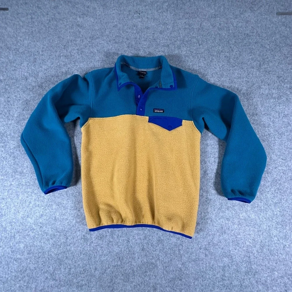 Patagonia Synchilla Snap-T Fleece Size Large Blue Teal Yellow Kids Pullover B4