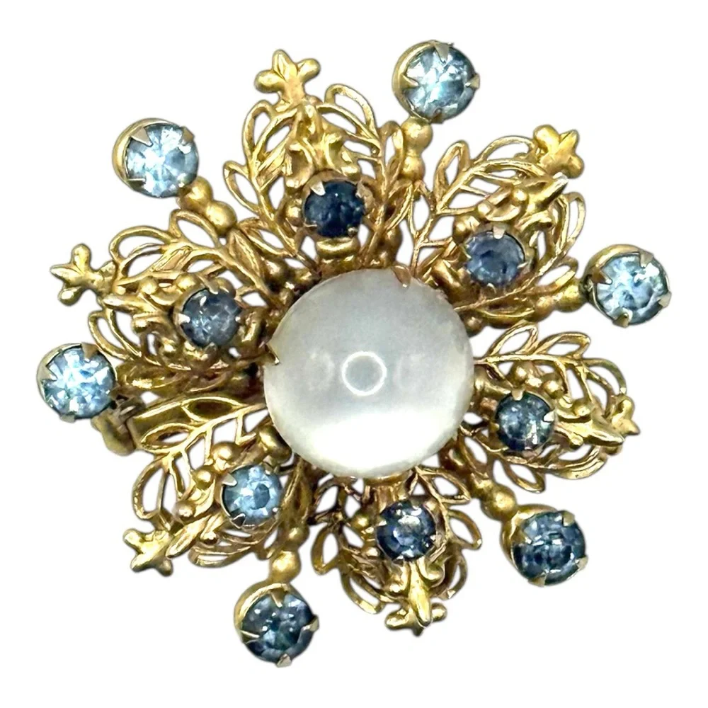 Gold Tone Filigree and Blue Crystals and faux pearl Brooch