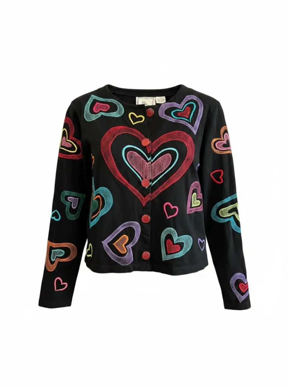 Vintage Michael Simon Heart Embroidered Black Cotton Cardigan Small 90s y2k