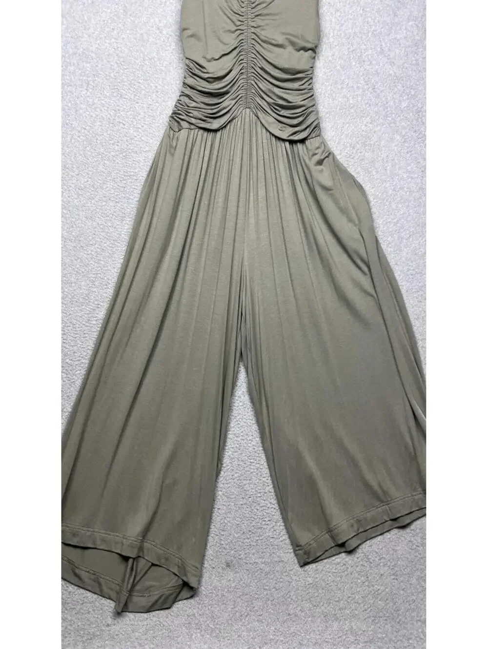 Free People Forever Always Ruched Jumpsuit Olive Green Wide Leg S Backless Boho