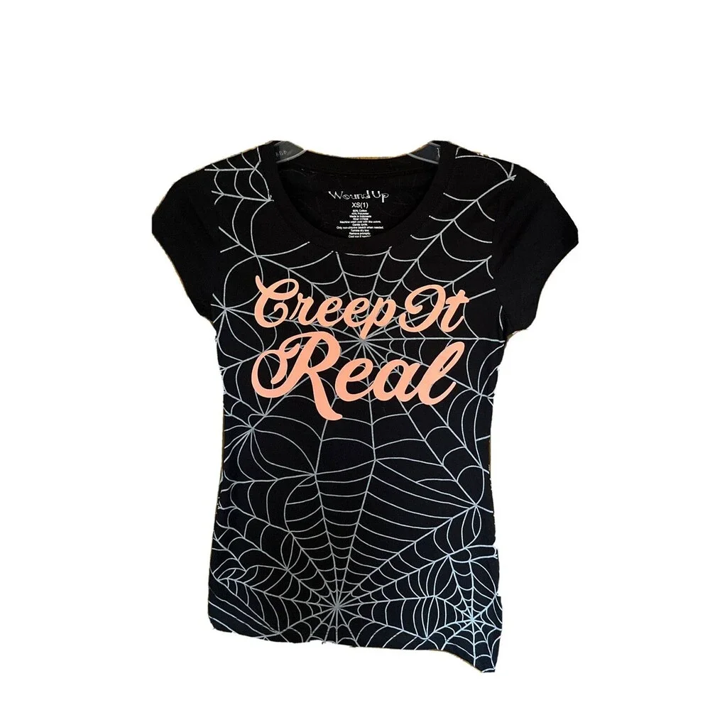 Wound Up Creep It Real T-shirt Juniors XS On Black Spider Webb Halloween Spooky