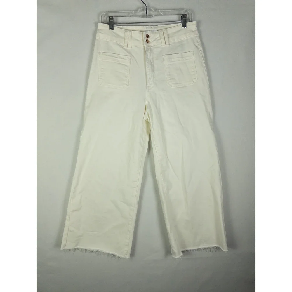 Judy Blue Wide Leg Crop Jeans Womens 11/30 Ivory Raw Hem Patch Pocket Coastal
