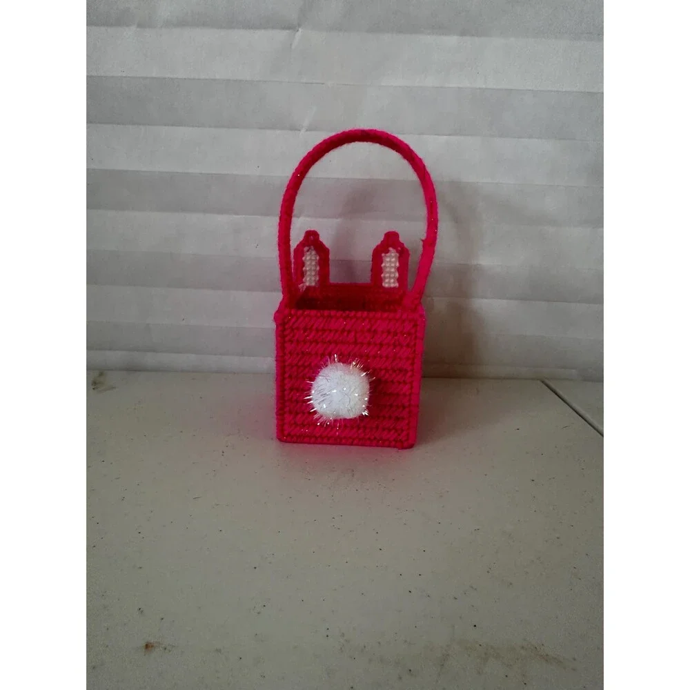 Mini Easter Basket with Magenta Sparkly Bunny – Colorful Plastic Canvas Handmade