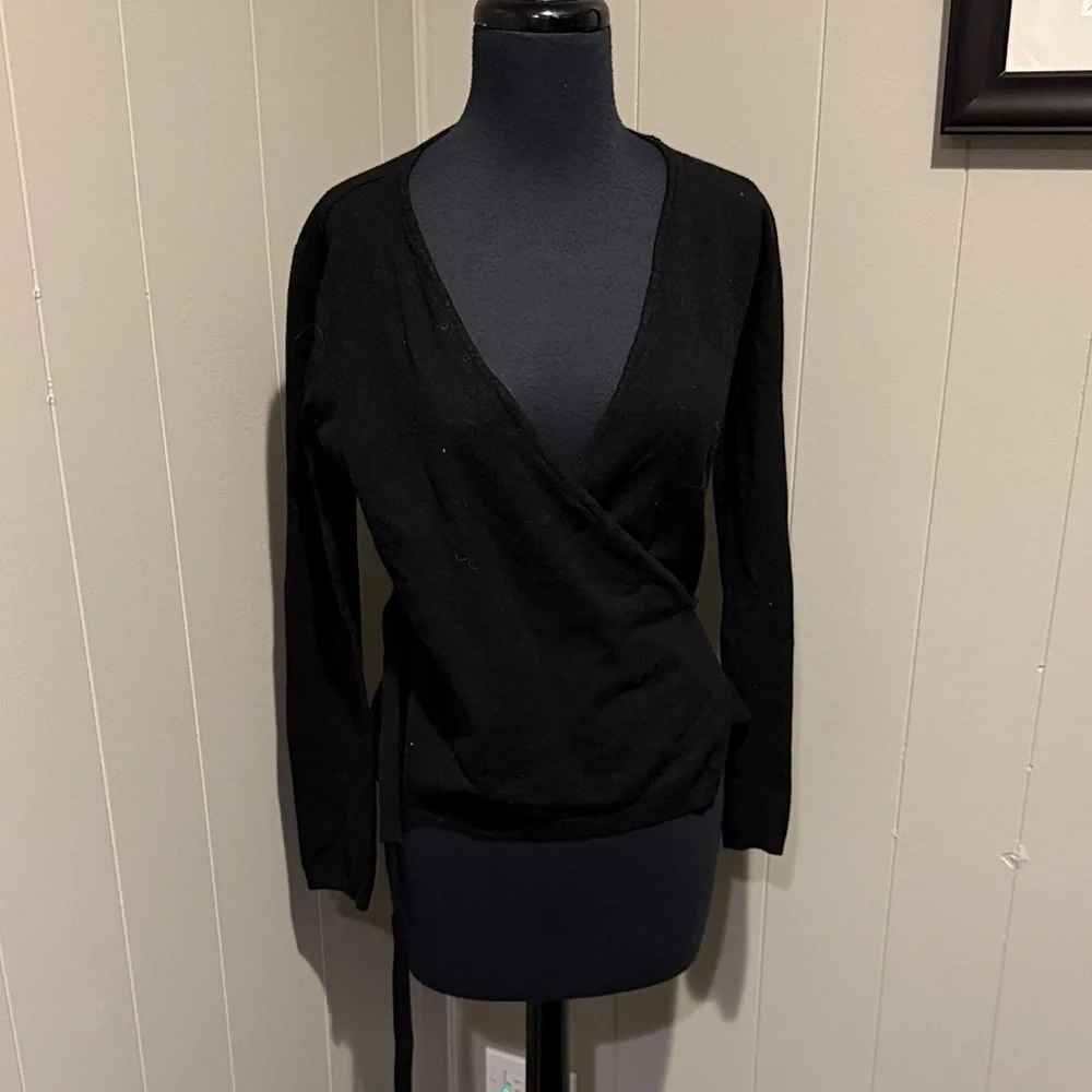 Damo V Neck Classic Preppy Minimal Black Wrap Sweater with Waist Ties