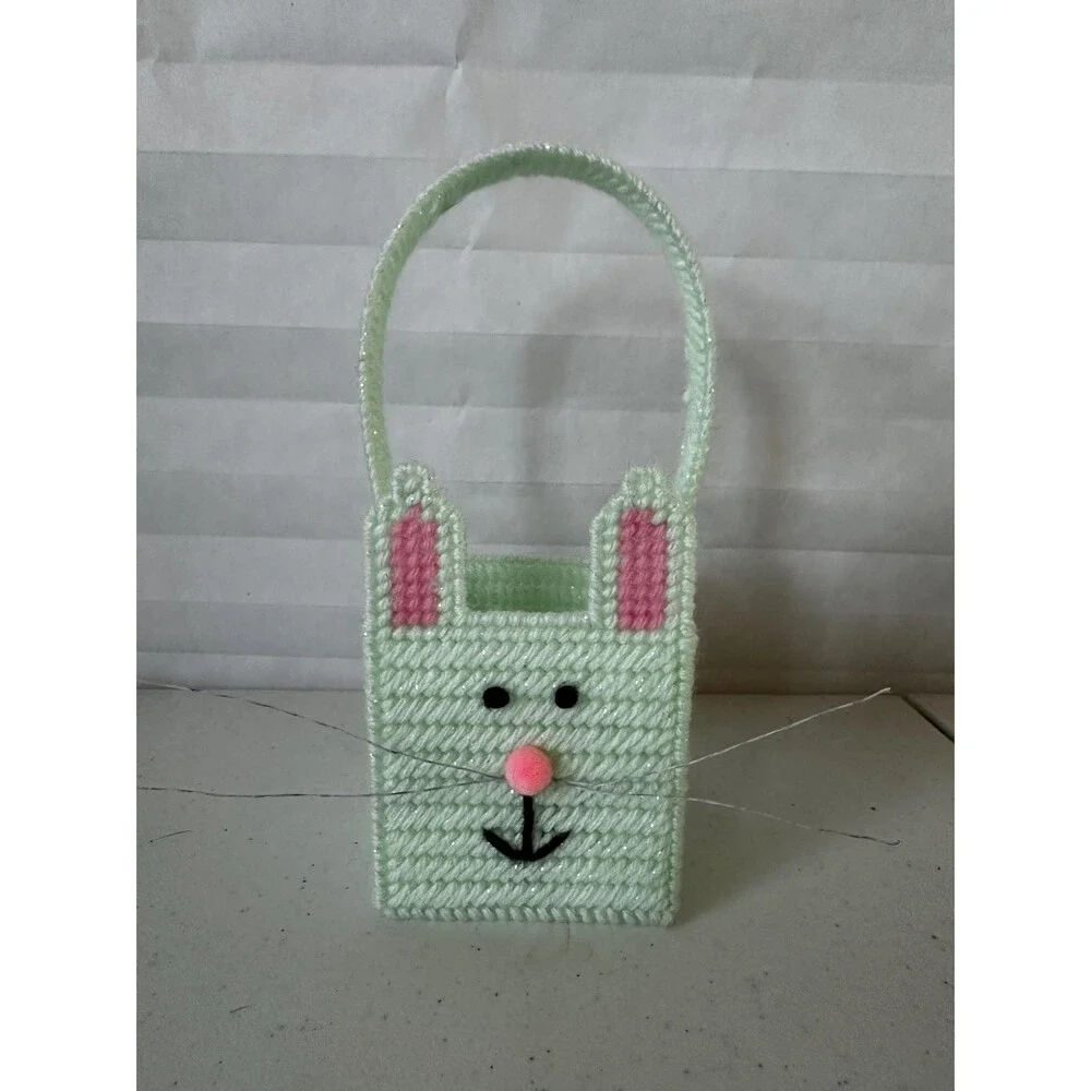 Mini Easter Basket Pale Green Sparkly Bunny Colorful Plastic Canvas Handmade
