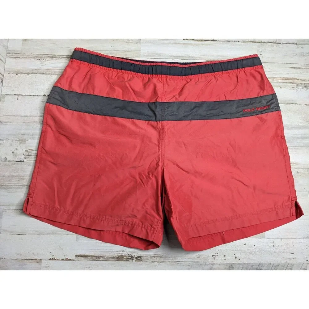 VTG Polo Sport Ralph Lauren L Large Swimwear Trunks Red Bathing Suit Mesh‎ Lined