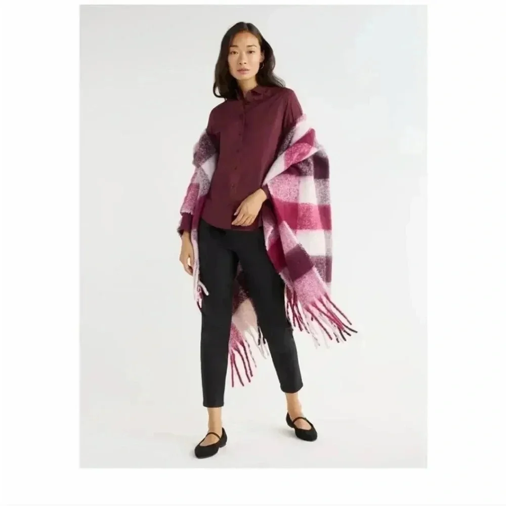 Plaid Pink and White Fringe Shawl