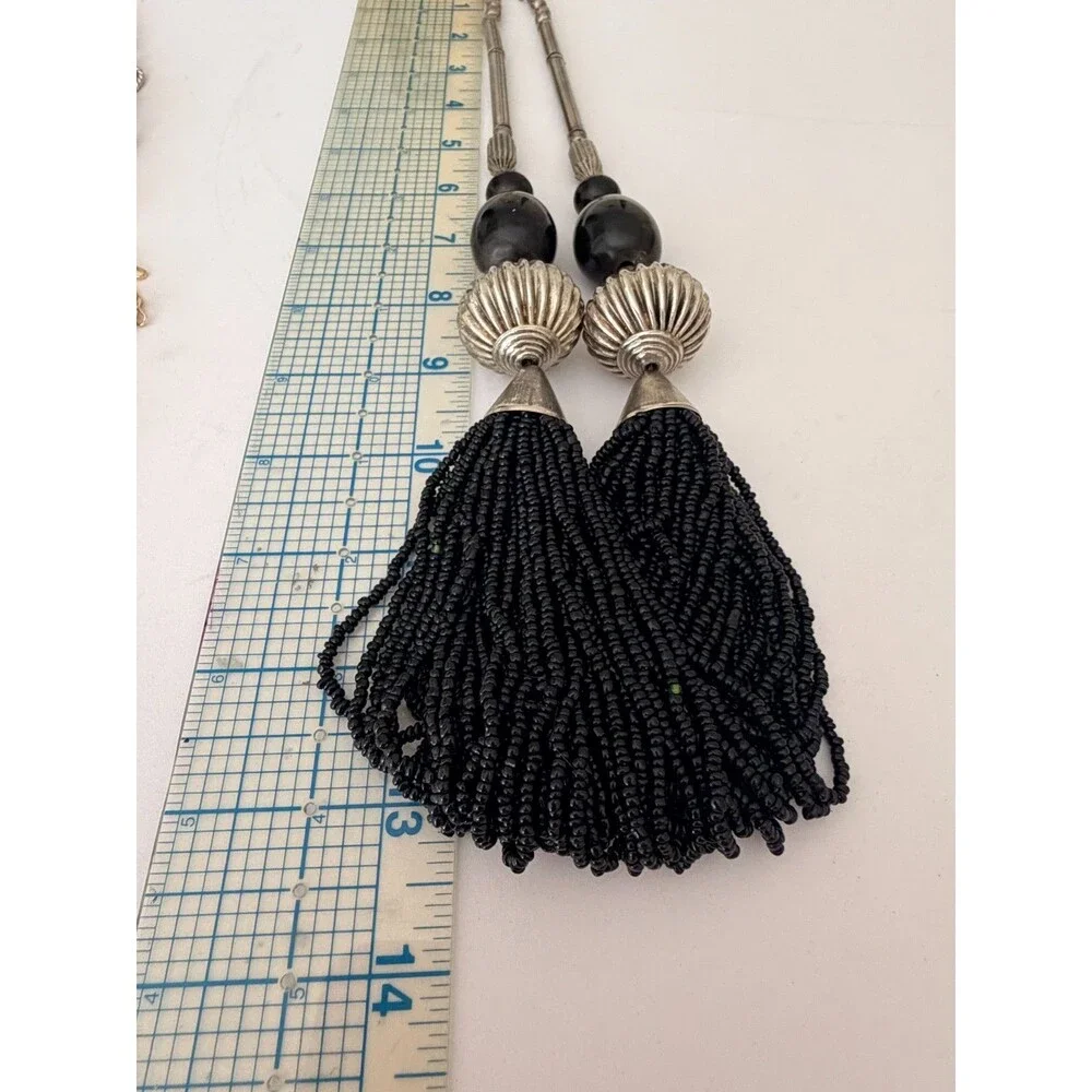 Vintage Silver Tone & Black Multi-Strand Seed Bead Bib Statement Necklace