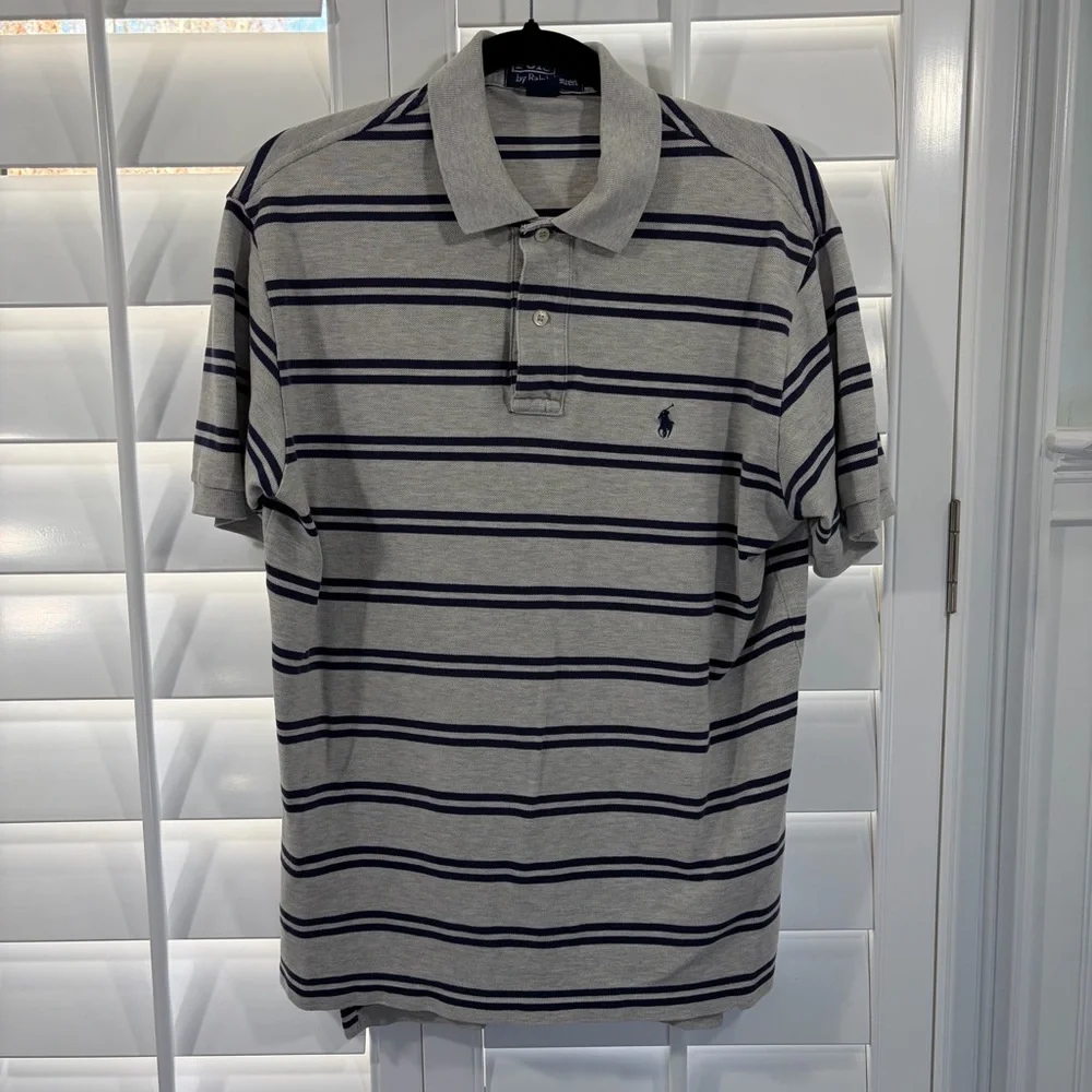Polo Ralph Lauren Navy & Gray Striped Short Sleeve Polo Shirt (M)