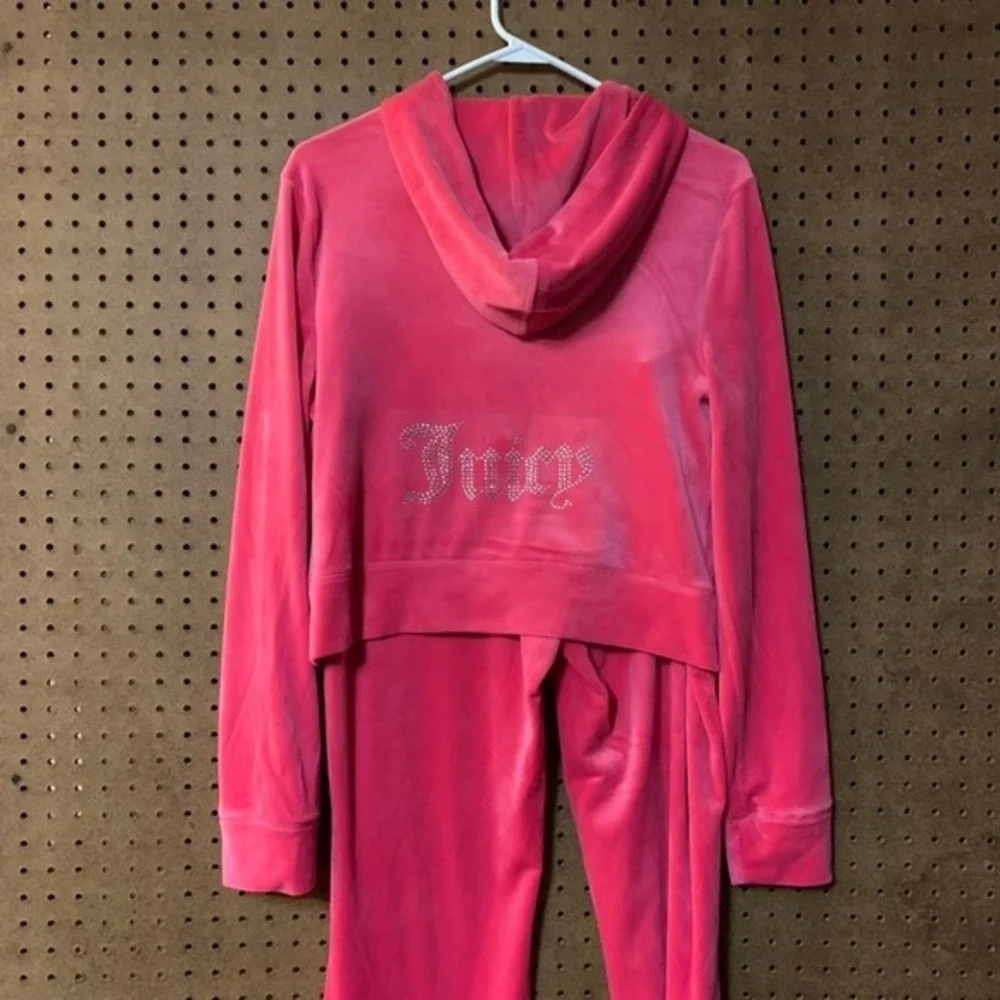 Juicy Couture Pink Velour Tracksuit Set Jacket‎ Pants Rhinestone Logo Large Y2K