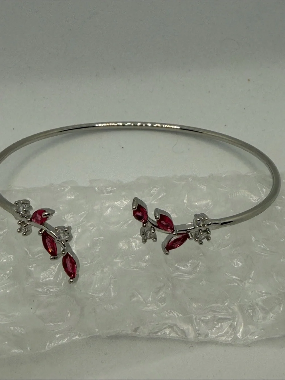 Silver Open Bangle Bracelet with Pink Marquise Stones