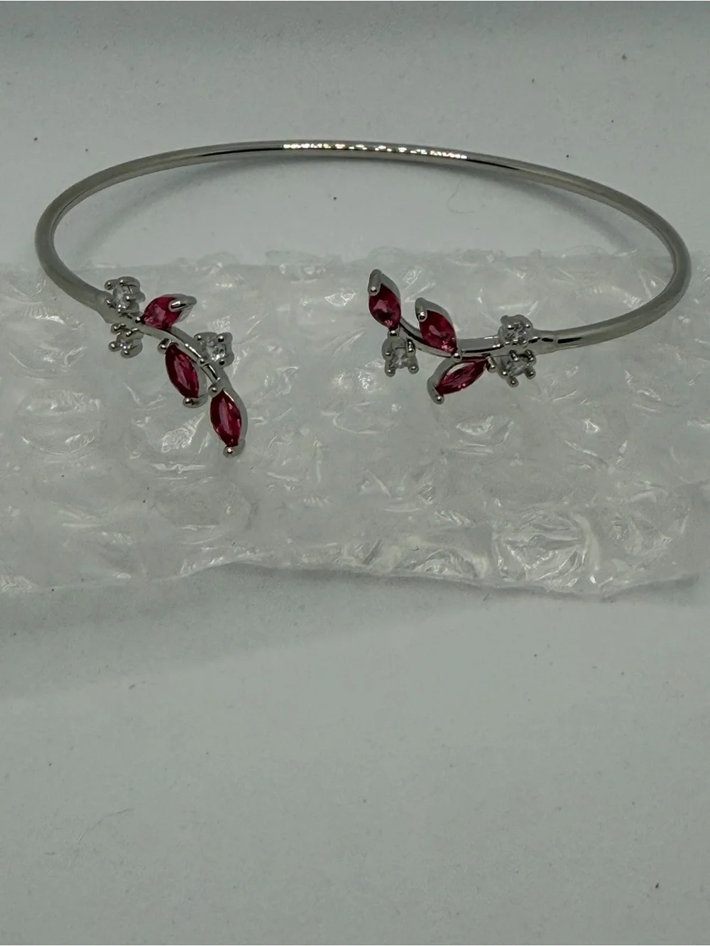 Silver Open Bangle Bracelet with Pink Marquise Stones