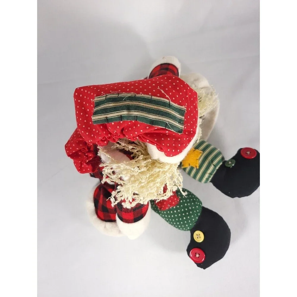 Vintage weighted Santa Doll wearing patched Robe‎ and Hat Patchwork buttons