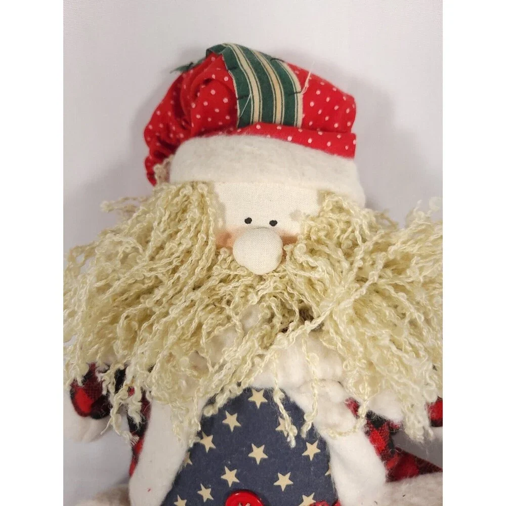 Vintage weighted Santa Doll wearing patched Robe‎ and Hat Patchwork buttons