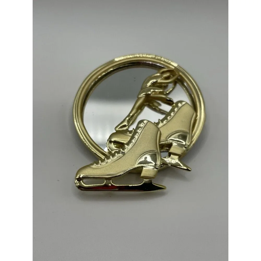 Danecraft Ice Skating Figure Mirror Gold Tone Brooch NOS
