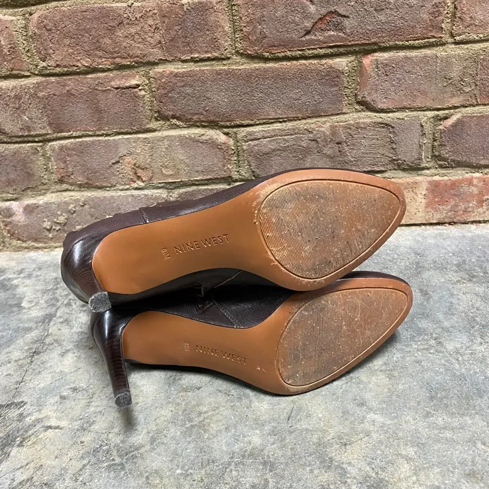 Nine West Brown Leather Buckle Heeled Bootie Size 8.5