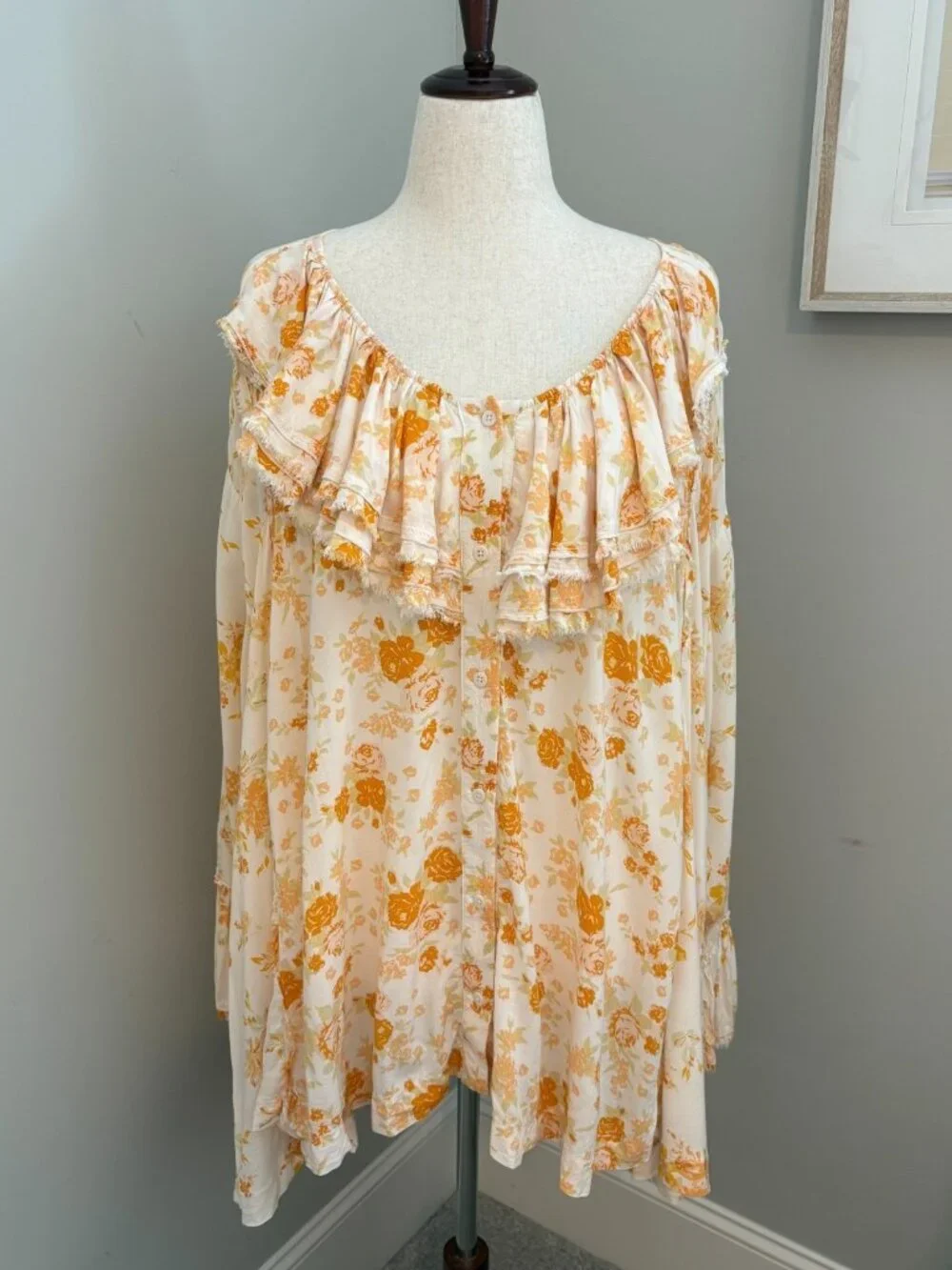 Free People Tea Combo Loretta Floral Bell Sleeve Boho Top Size XL Artsy Romantic