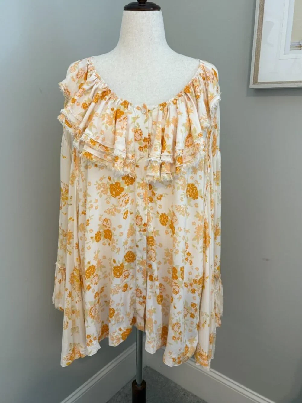 Free People Tea Combo Loretta Floral Bell Sleeve Boho Top Size XL Artsy Romantic
