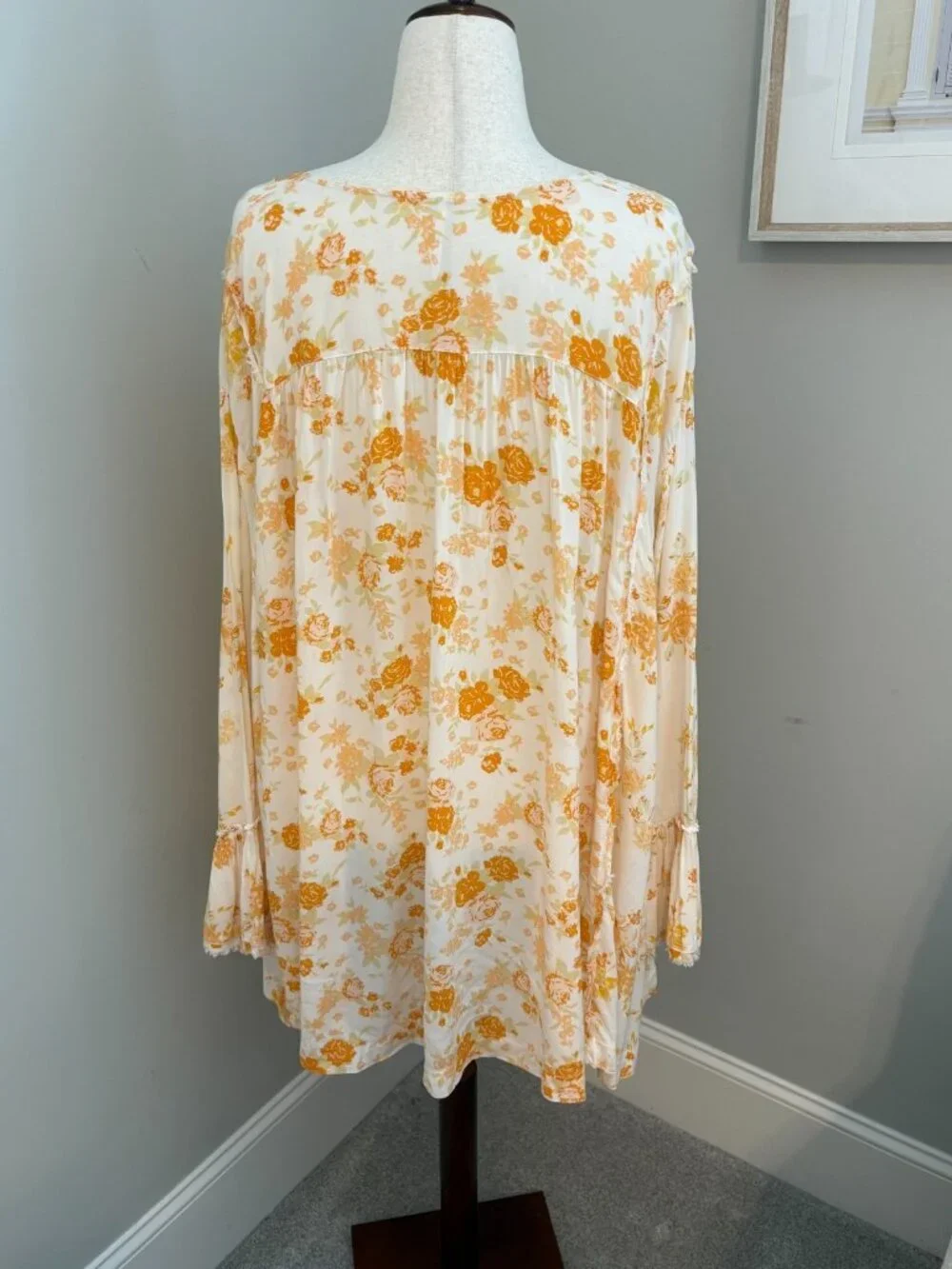 Free People Tea Combo Loretta Floral Bell Sleeve Boho Top Size XL Artsy Romantic