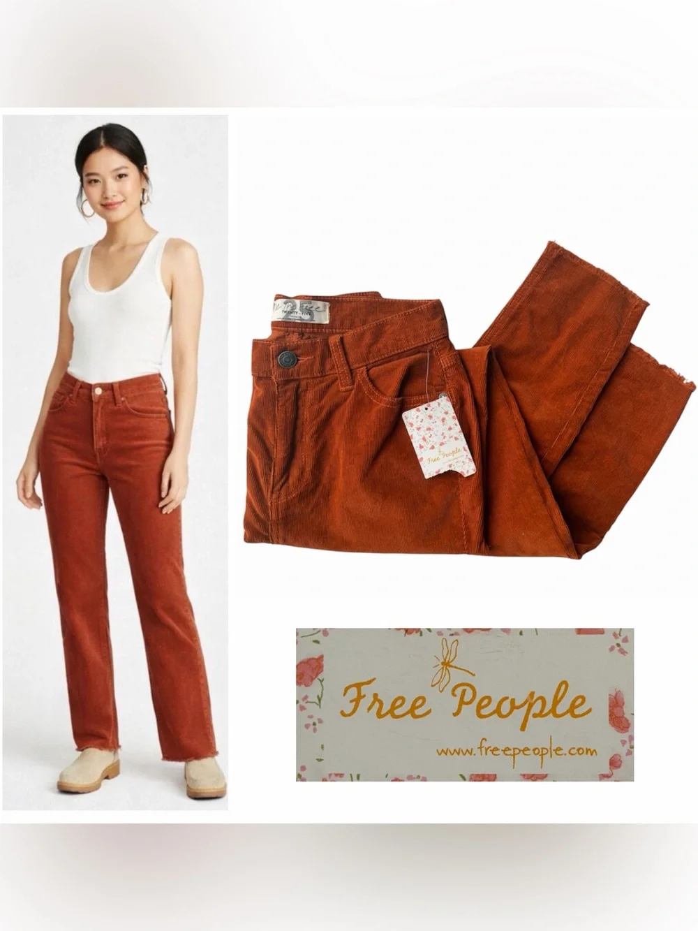 We the Free People rust 5 pocket corduroy pants jeans raw hem OB823192 sz 25 NWT
