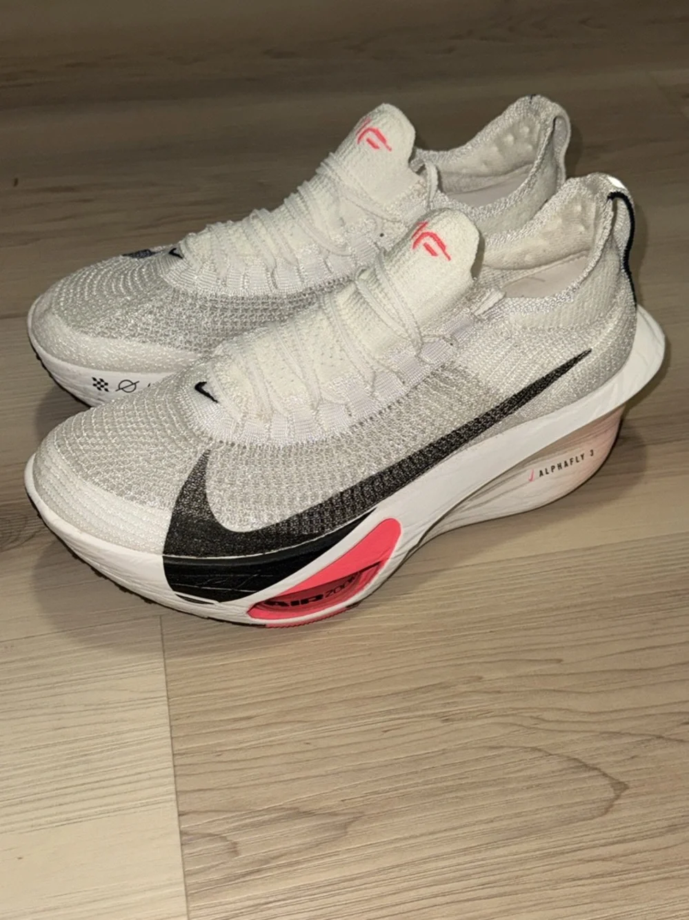 Nike White and Pink Men’s Alphafly Style Running Shoes with Black Swoosh