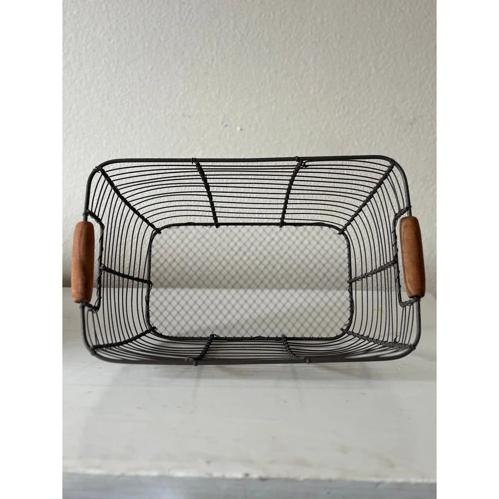 Farmhouse Wire Basket with wood handles, rustic style, decor