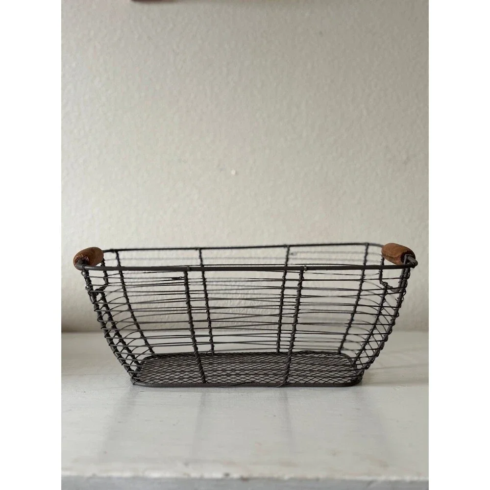 Farmhouse Wire Basket with wood handles, rustic style, decor