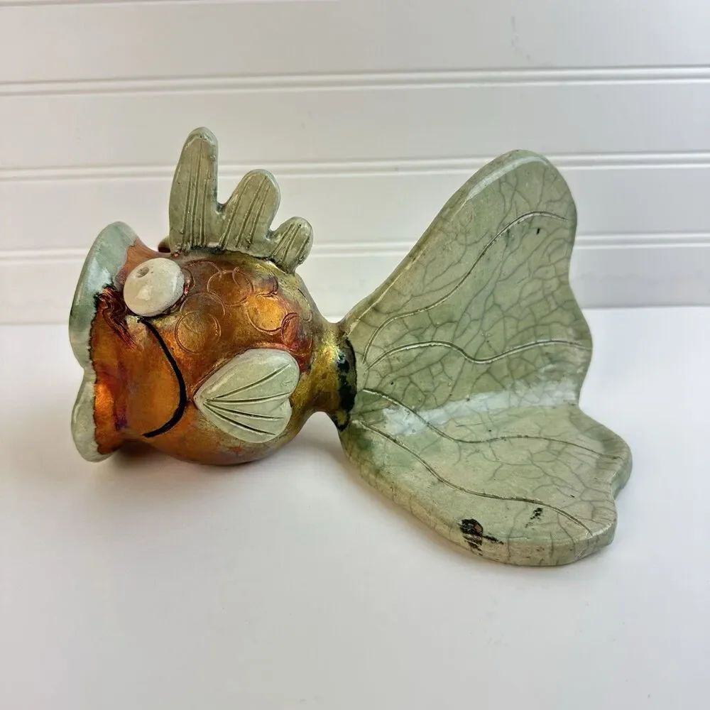 Artisan Raku Pottery Happy Surprised Fish Whimsical Coastal Beach Signed Ceramic