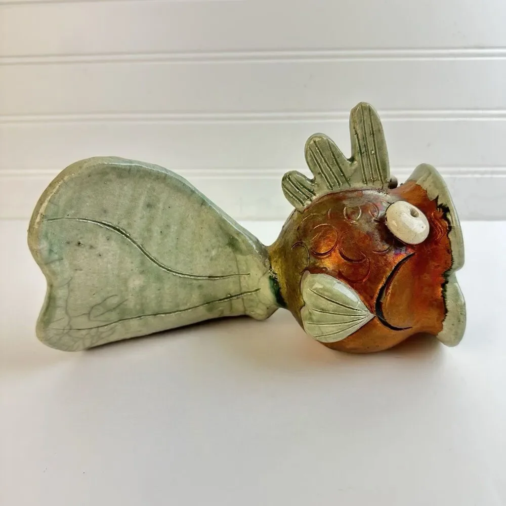 Artisan Raku Pottery Happy Surprised Fish Whimsical Coastal Beach Signed Ceramic